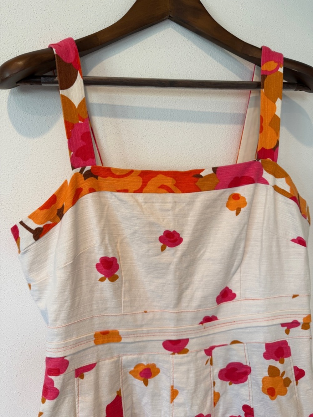 Adrianna Papell Linen Square Neck Floral Midi Dress Pockets Thick Straps Sz 14 - Picture 3 of 11